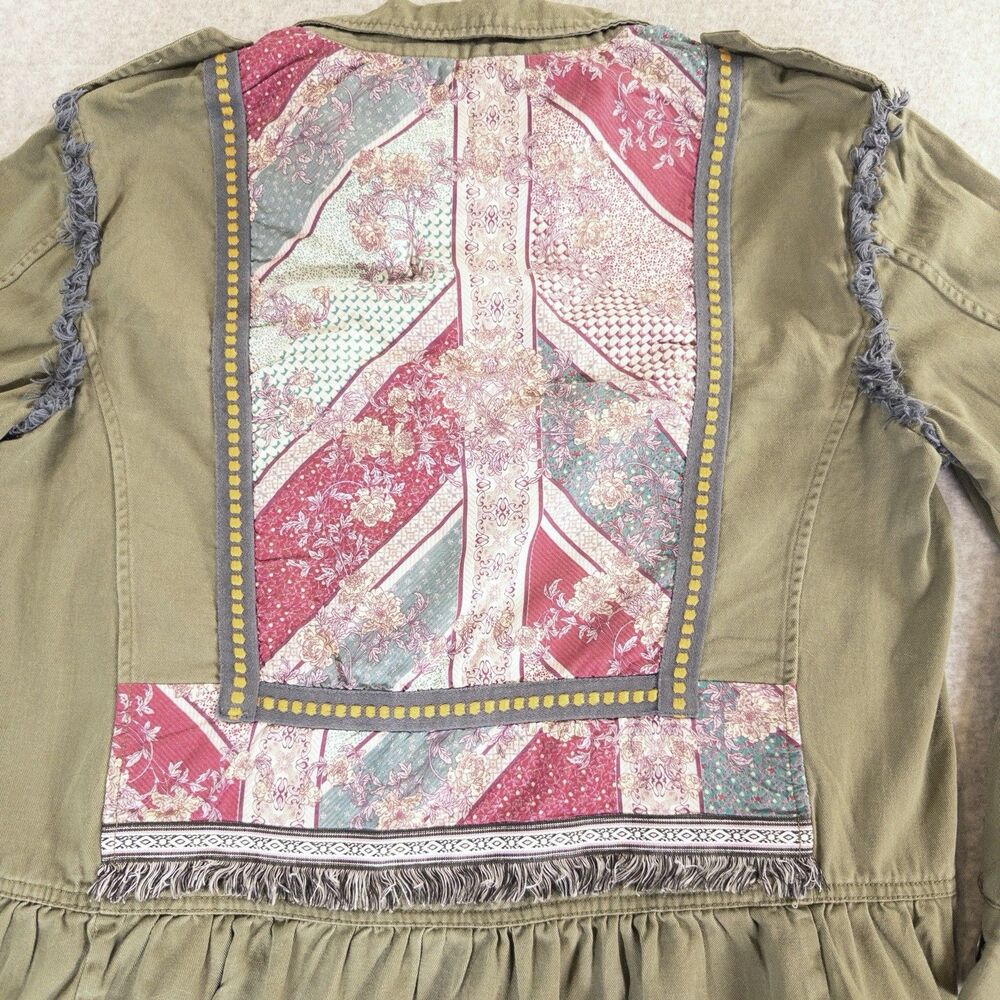 Matilda Jane Military Jacket Green Patchwork Ruffle Boho Peplum Fringe Shacket L - Picture 11 of 11